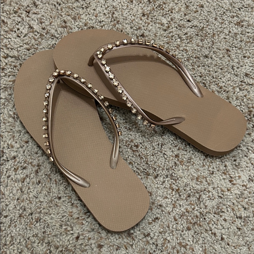 Elegant Tan Flip-Flops with Rhinestone Detailing